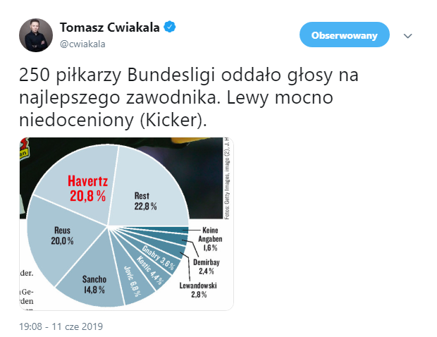 Wyniki głosowania piłkarzy na NAJLEPSZEGO zawodnika Bundesligi 18/19. LEWY o.O